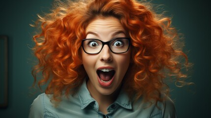 Surprised woman with curly red hair and glasses
