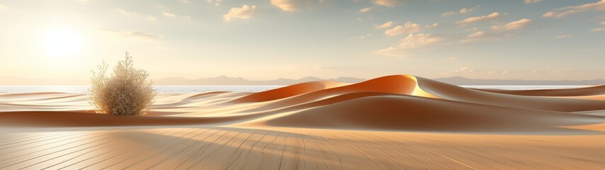 Serene desert landscape with sand dunes and wooden boardwalk - Powered by Adobe