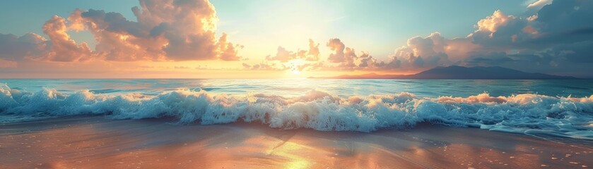 Naklejka premium Amazing digital art of a beautiful seascape. The warm colors of the sunset sky and the gentle waves of the ocean create a truly mesmerizing scene.