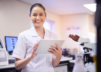 Woman, scientist and portrait with tablet in laboratory for daily schedule, biotechnology and...