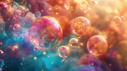 Naklejka premium A abstract vibrant background of floating bubbles, with a glowing core and shimmering edges, creating an enchantment atmosphere