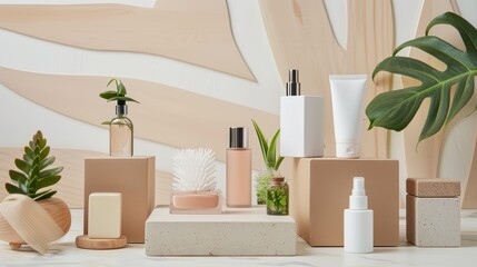 Stylish arrangement of cosmetic products on pastel geometric blocks. Modern skincare and aesthetics concept. Design for poster, banner