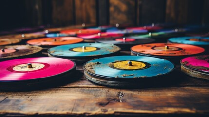 Table Covered With Blue and Pink Records