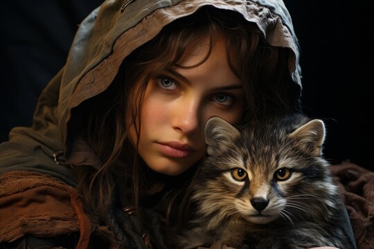 mysterious woman with wild cat