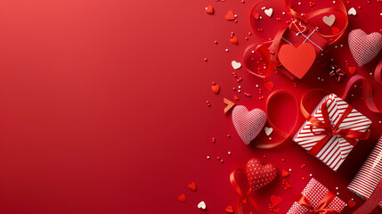 Hearts made of ribbon and gift on red background.