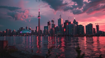 Sunset cityscape with dramatic clouds over waterfront. Urban skyline at dusk with vibrant pink and...