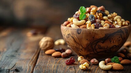 a rustic table setting with assorted nuts and dried fruits in a wooden bowl perfect for a healthy snack, providing space for text - Powered by Adobe