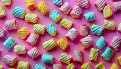 Fototapeta premium Abstract texture with mini marshmallows on pink background. Sweet sugar dessert food top view
