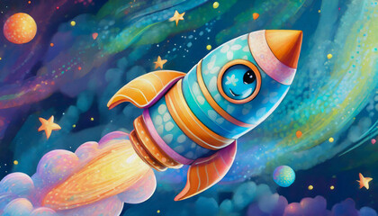 oil painting style CARTOON CHARACTER CUTE happy baby toy rocket takes spewing smoke on a blue background,