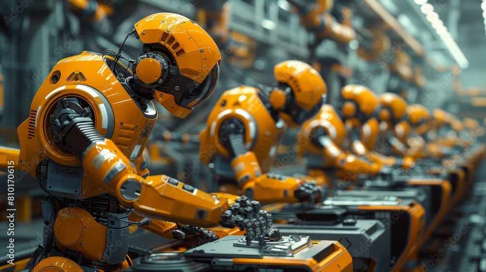 Poster automated factory with robotic arms assembling a robot, showcasing advanced technology and innovatio