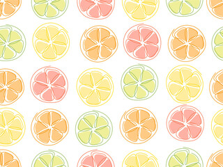 Circle citrus slices seamless pattern. Lime lemon orange grapefruit slice. Fresh juicy tropical fruit. Summer bright Background for lemonade cocktail dessert package, wallpeper, cover