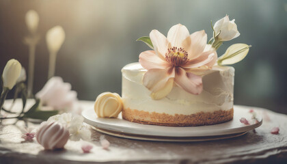 Sweet white cake decorated with flowers, wedding or birthday celebration. Close up biscuit cake
