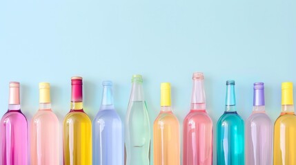 A row of colorful bottles of liquor lined up on a wall