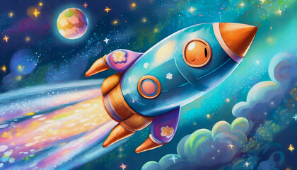 oil painting style CARTOON CHARACTER CUTE happy baby toy rocket takes spewing smoke on a blue background,