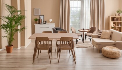 Beige home living room interior with eating table and relax zone, window
