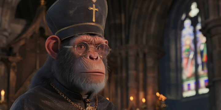 A Monkey Portrayed as a Pope in Elaborate Religious Attire, Featuring a Golden Hat and Cross, Creating a Humorous and Unique Artwork, Generative AI