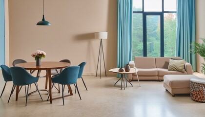 Beige home living room interior with eating table and relax zone, window