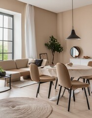 Beige home living room interior with eating table and relax zone, window