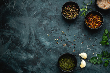 Dark stone kitchen background with spices, herbs and kitchen utensils. Free space for text. Top...