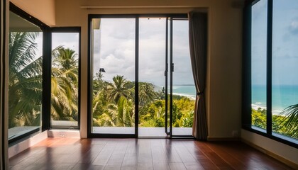Modern home empty living room interior and panoramic window on tropics