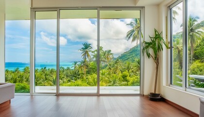 Modern home empty living room interior and panoramic window on tropics