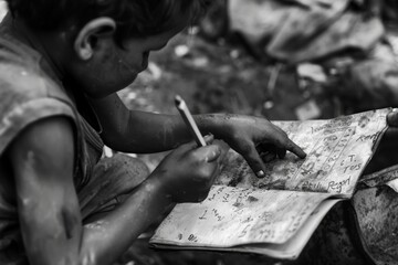 Child Learning in Underprivileged Setting, Black and White Educational Portrait-Child Labor Day concept
