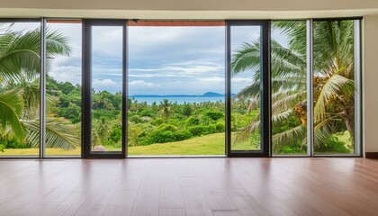 Modern home empty living room interior and panoramic window on tropics