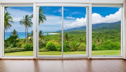Modern home empty living room interior and panoramic window on tropics