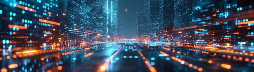 Fototapeta premium The city of the future with flying cars and holographic advertisements.