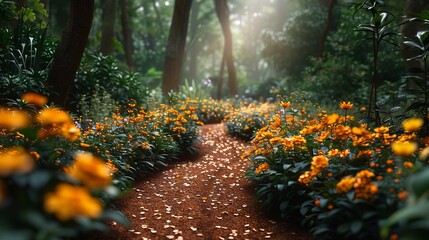 A lush botanical garden bursting with vibrant blooms and verdant foliage