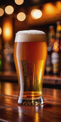 Glass of beer on a bar counter in a pub or restaurant, Oktoberfest celebration, international beer day concept