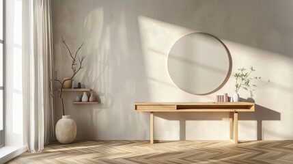 Modern home interior design with a wooden desk, shelves, and a round mirror against a herringbone floor and plain wall, light. 3D Rendering realistic
