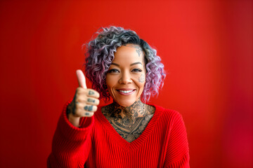 Smiling Woman with Tattoos Giving a Thumbs Up