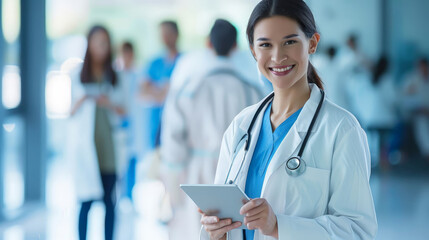 Confident Female Doctor with Tablet in Hospital Corridor - Integrating Technology in Healthcare