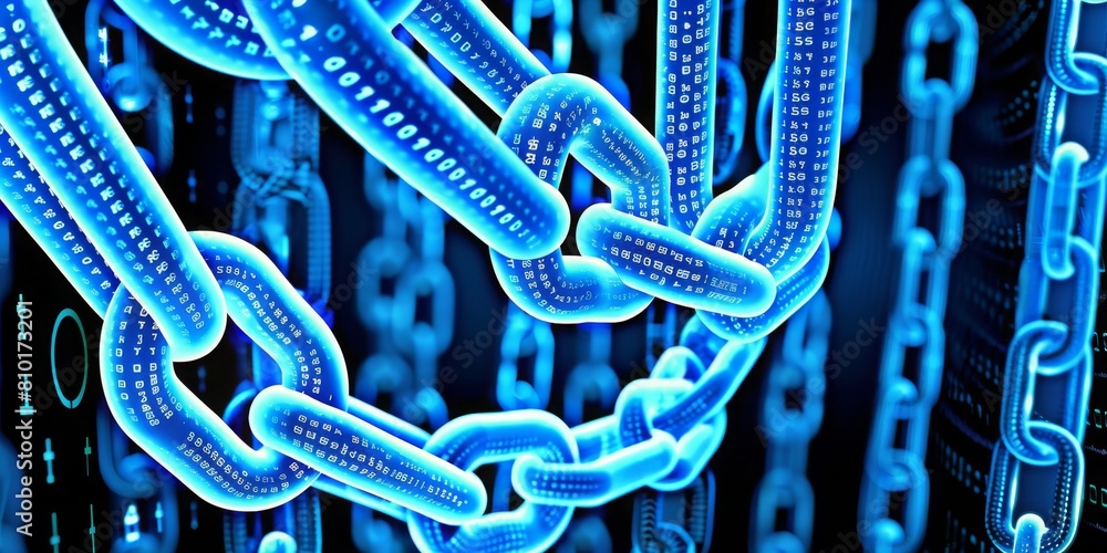 Fototapete Blockchain Technology: A Digital Chain Comprised of Binary Code, Symbolizing Secure Data Connections and Advanced Cyber Security in a Futuristic, Networked World, Generative AI