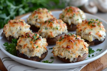 White Plate With Crab Stuffed Mushrooms Covered in Cheese