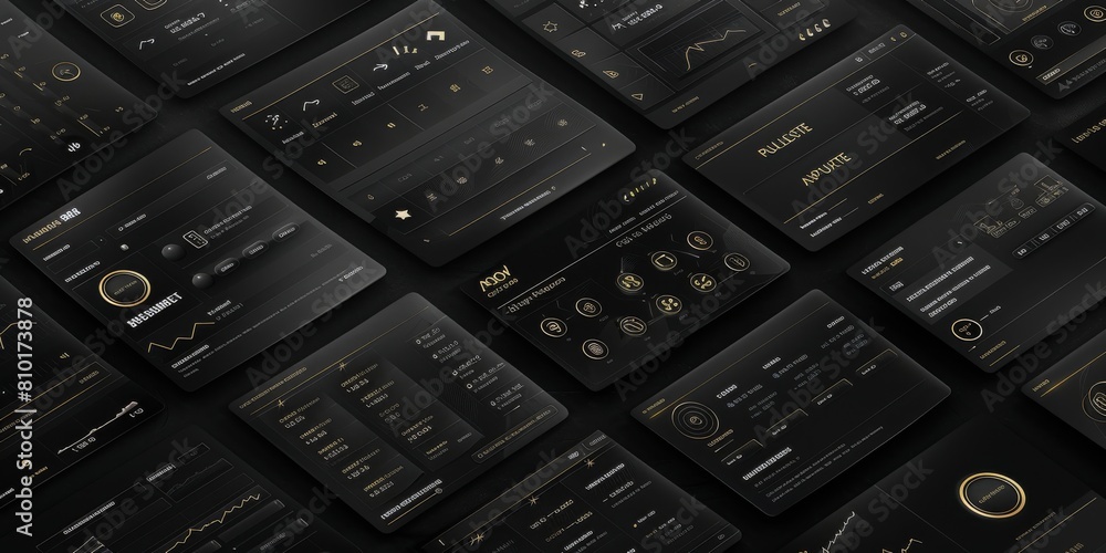 Aufkleber a collection of black and gold user interface layouts, showcasing modern, sleek, and stylish dashboa