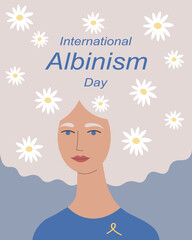 International Albinism awareness day hand drawn vector illustration. Observed every year June 13. Card with cartoon women with white hair, yellow ribbon, flowers. Background for design, print, paper