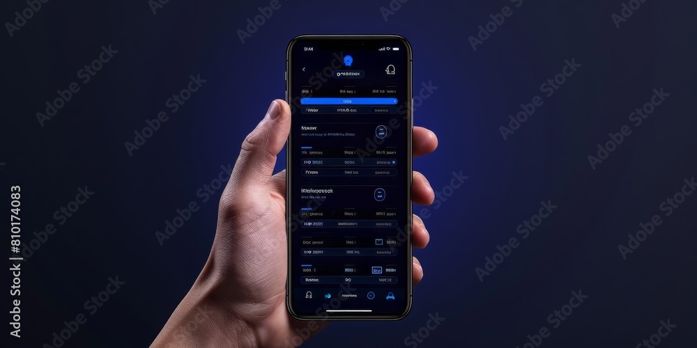 Poster A Hand Holding a Smartphone Displaying a Sleek, Dark Mode Application Interface, Highlighting Modern Technology and User Experience Design, Generative AI