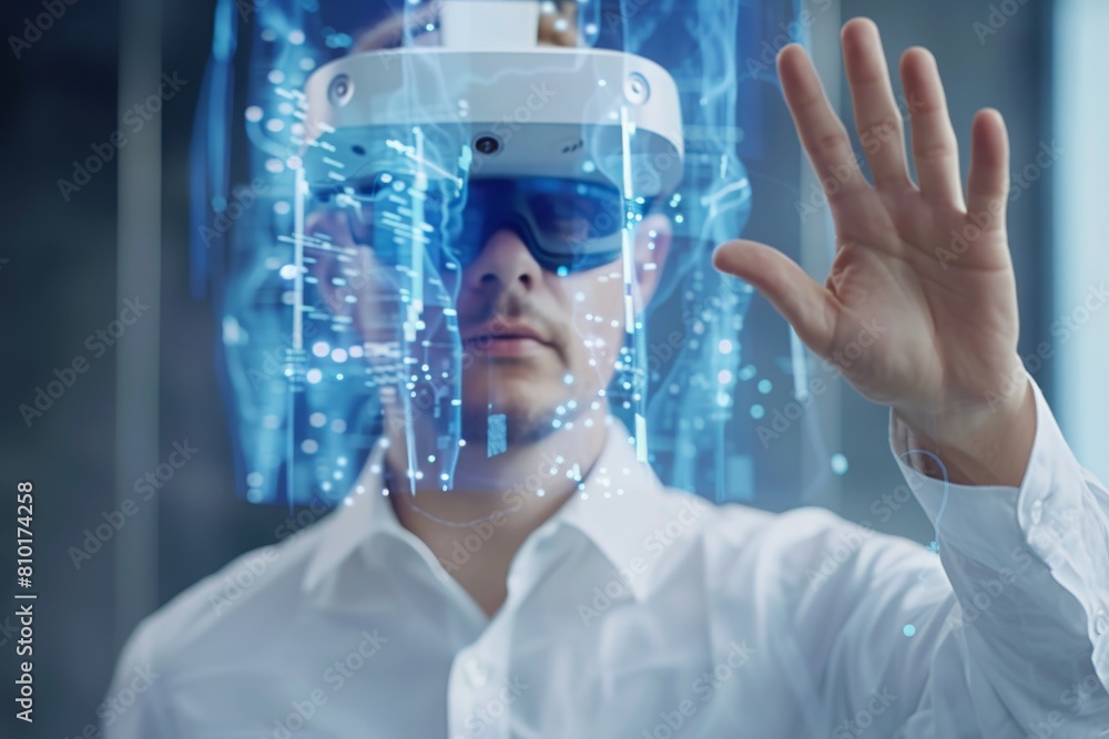 Poster A Man Using a Virtual Reality Headset, Engaging with Holographic Digital Displays in a Futuristic and High-Tech Environment, Generative AI