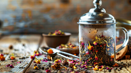 Infuser with dry fruit tea on wooden background