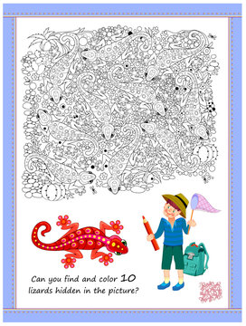 Educational page for children. Can you find and color 10 lizards hidden in the picture? Coloring book. I spy puzzle. Printable worksheet for kids. Developing counting and drawing skills. Vector image.