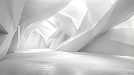The image is a white, abstract, 3D rendering of a room with soft lighting and a curved ceiling.