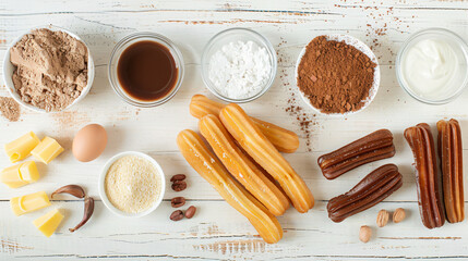 Ingredients for preparing churros on light wooden background