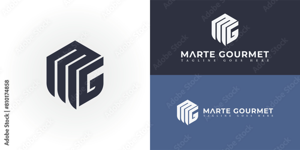Poster abstract initial hexagon letter mg or gm logo in black color isolated on multiple background colors.