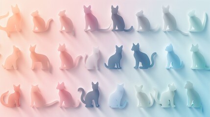 A row of cats in different colors are sitting on a blue background