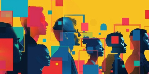 Group of people silhouettes in front of colorful background. Concept of human emotions, facial expression, sales, ad