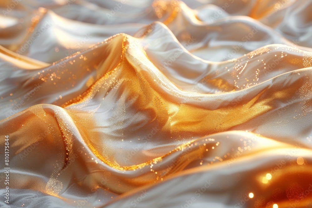 Poster a luxurious and elegant 3d rendering of gold satin cloth with glittering particles simulating a rich