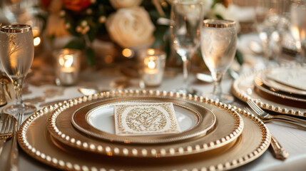 event table decorations, elegant table settings with golden calligraphy table numbers and place cards on shimmering silver chargers create a luxurious ambiance