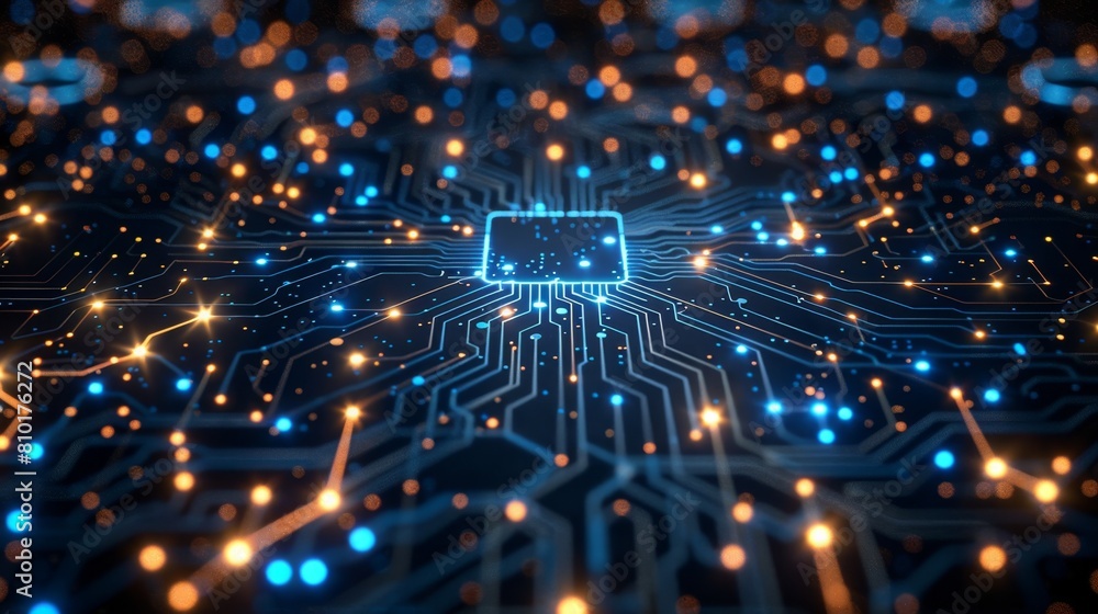 Poster tech circuit patterns, futuristic circuit board design with illuminated traces and nodes, ideal back